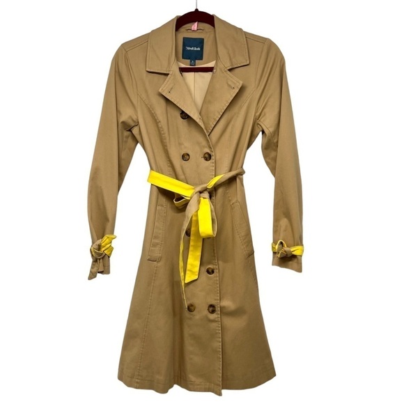 ModCloth Classic Imagination Khaki & Yellow Double Breas Trench Coat Women Small - Picture 4 of 12